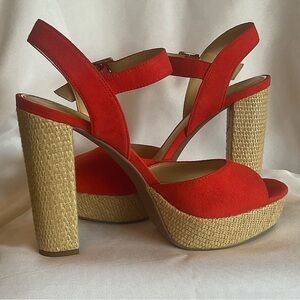 Jessica Simpson Red Rattan Suede Platform heels.